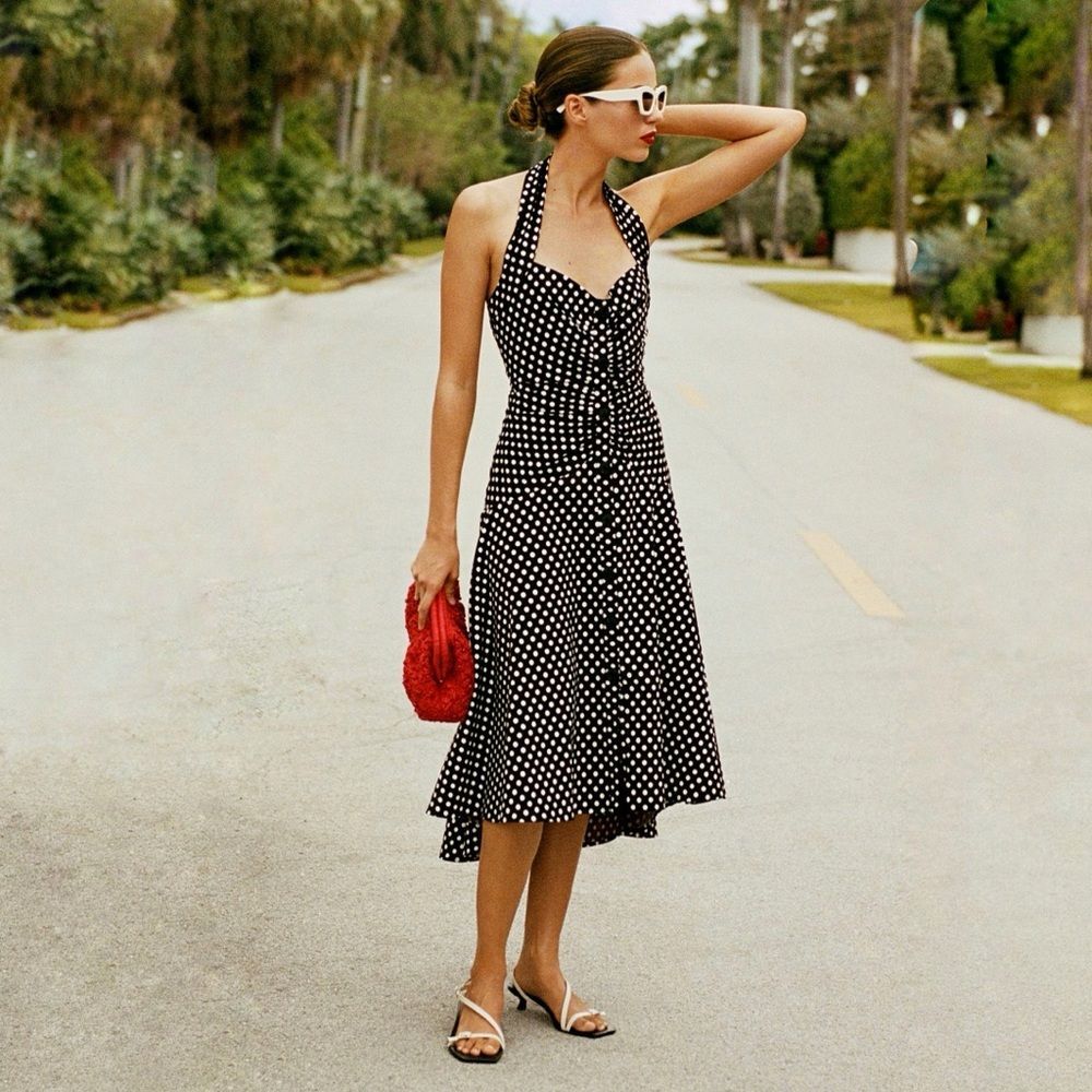 Anthropologie Maeve Halter Ruched Midi Dress in Black Polka Dot Size 4 - Picture 1 of 9